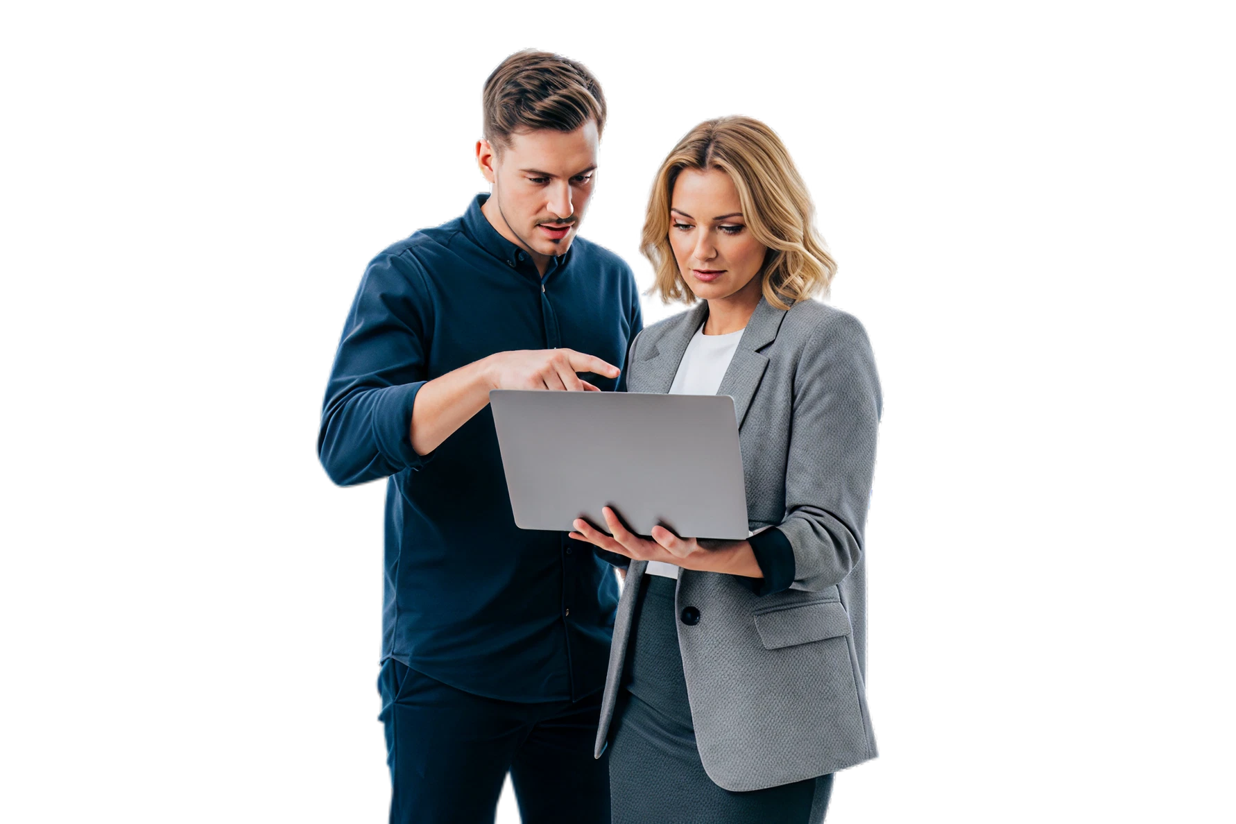 Two professionals looking at a laptop