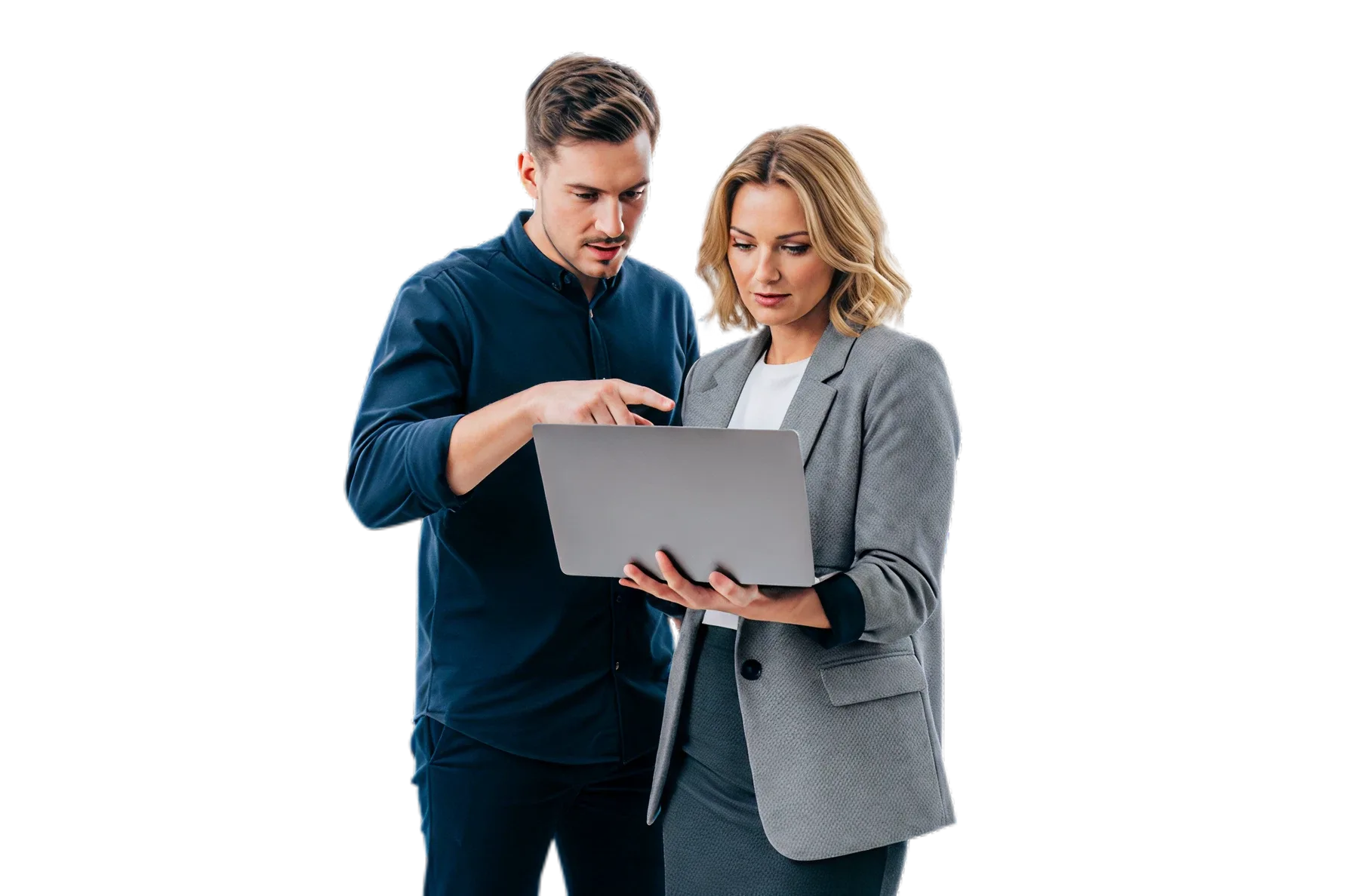 Two professionals looking at a laptop